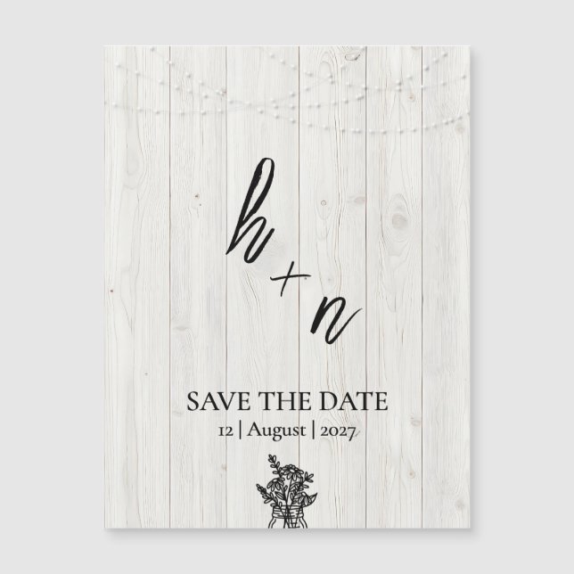 White Wood Save the Date Minimalistic Initials Magnetkarte (Vorderseite)