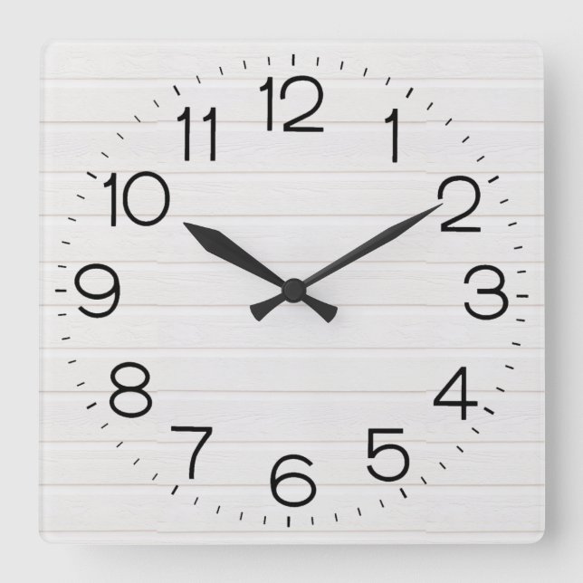 White Wood Square Wall Clock Quadratische Wanduhr (Vorderseite)
