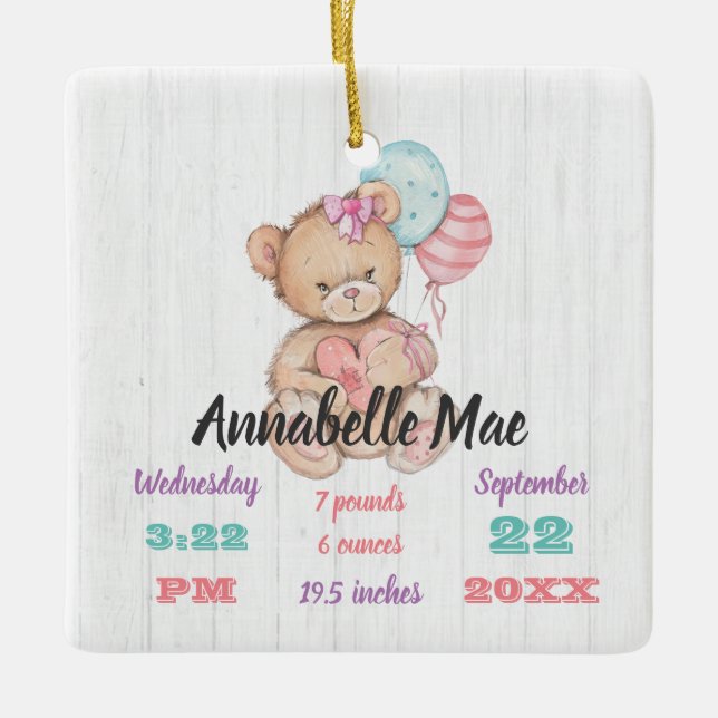 White Wood & Teddy Bear Baby Girl Birth Keepake Keramikornament (Vorderseite)