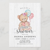 White Wood Teddy Bear Girl Kinderdusche Einladung