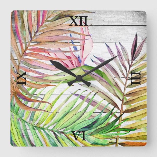 White Wood Tropical Garden Bird of Paradise Palm  Quadratische Wanduhr (Vorderseite)
