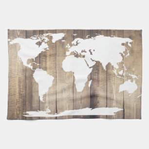 White World Map Rustic Wood Planks Geschirrtuch