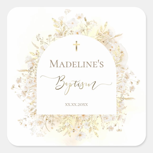 white yellow flowers Baptism Quadratischer Aufkleber (Vorderseite)