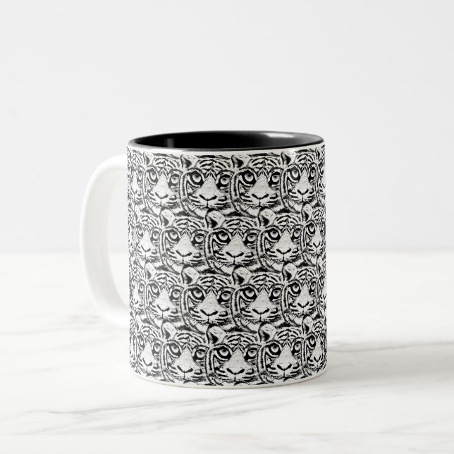 White Young Tiger Face Pattern auf schwarz Zweifarbige Tasse (Vorderseite Links)