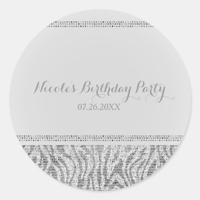 White Zebra Sparkle Sequins Glam Gastgeschenk Chic Runder Aufkleber (Vorderseite)