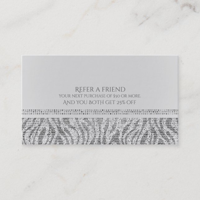 White Zebra Sparkle Sequins Glam Refer a Friend Empfehlungskarte (Vorderseite)