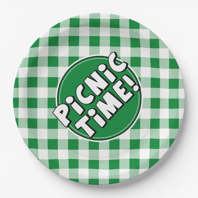 Whitepaper Picnic Time Green Gingham-Muster Pappteller (Vorderseite)