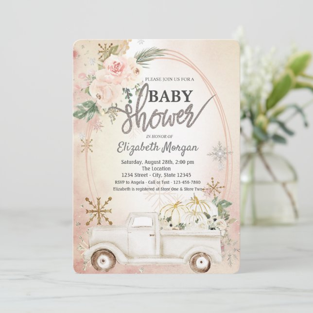 WhitePumpkin Truck,Rose,Schneeflocken Kinderdusche Einladung (Stehend Vorderseite)