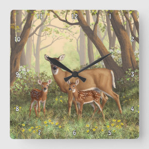 Whitetail Deer and Cute Twin Fawns In Spring Quadratische Wanduhr