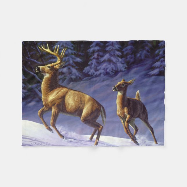 Whitetail Deer Buck & Dock im Winterschnee Fleecedecke (Vorderseite (Horizontal))