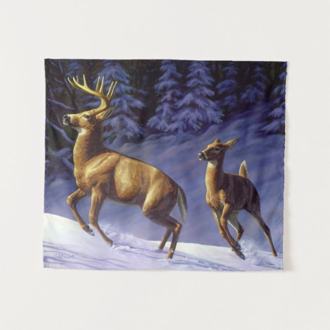 Whitetail Deer Buck & Dock im Winterschnee Wandteppich (Vorderseite (Horizontal))