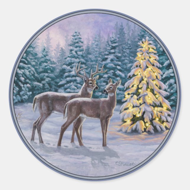 Whitetail Deer & Christmas Tree Winterlandschaft Runder Aufkleber (Vorderseite)