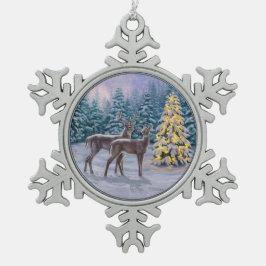 Whitetail Deer & Christmas Tree Winterlandschaft Schneeflocken Zinn-Ornament