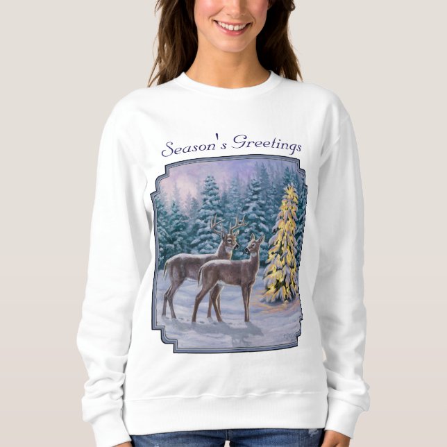 Whitetail Deer & Christmas Tree Winterlandschaft Sweatshirt (Vorderseite)