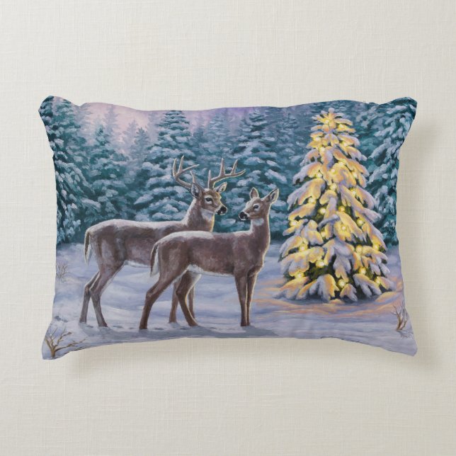 Whitetail Deer & Christmas Tree Winterlandschaft Zierkissen (Vorderseite)