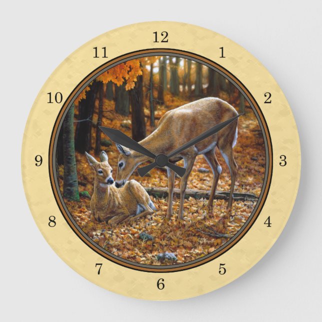 Whitetail Deer Fawn & Doe Yellow Große Wanduhr (Vorderseite)