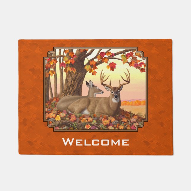 Whitetail Deer Maple Tree Herbst Orange Fußmatte (Vorderseite)