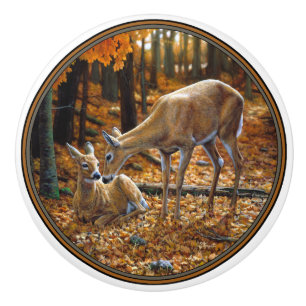 Whitetail Deer und Fawn Autumn Keramikknauf