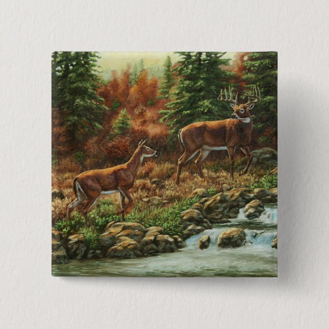 Whitetail Deer und Wasserfall Button (Vorderseite)