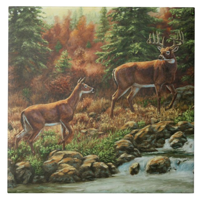 Whitetail Deer und Wasserfall Fliese (Vorderseite)