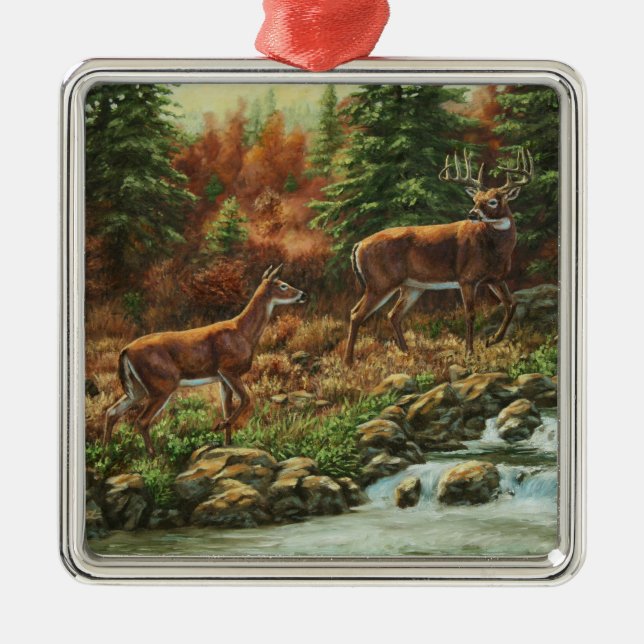 Whitetail Deer und Wasserfall Ornament Aus Metall (Vorne)
