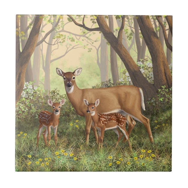 Whitetail Hirsch und Niedliche Zwillingsfaelder im Fliese (Vorderseite)