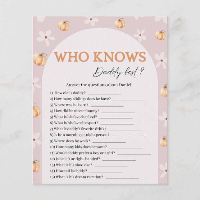 Who Knows Daddy Fall Pumpkin Baby Shower Game Card (Vorderseite)