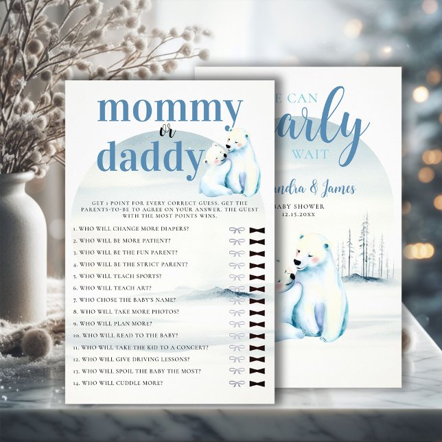 Who Mommy or Daddy Shower Game Polar Bear Cub Mama Flyer (winter boy baby shower bearly wait polar bear mama cub watercolor guess who mommy or daddy game)