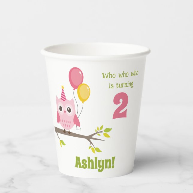 Who Who Is Turning 2 Party Owl 2nd Birthday Pappbecher (Vorderseite)