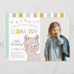 Whole Llama Fun Kids Birthday Party Foto Einladung<br><div class="desc">Cute llama theme kid's birthday party einladung template card featuring a cartoon style illustration of a fluffy llama with pink cheeks. There is colorful string lights at the top with a script text that says "Join us for a whole llama fun." Perfekt for a girl's birthday party. You can add...</div>