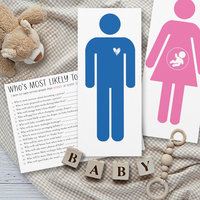 Who's Most Likely To Baby Shower Game Daddy Card Einladung (Funny Who's Most Likely To daddy-to-be fun couples shower game blue male stick figure answer card)