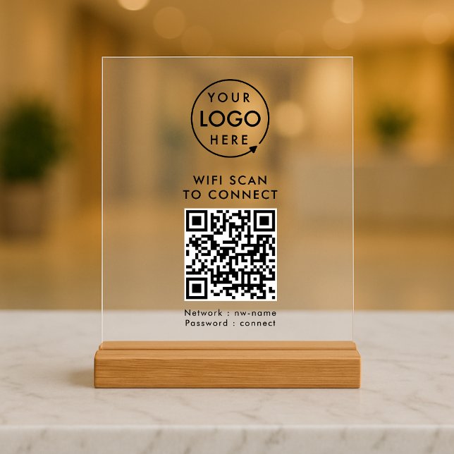 Wi-Fi de code QR | Analyse du logo de l'entreprise (Company branded WiFi acrylic tabletop signs with QR code, connecting users seamlessly to your Wi-Fi.)