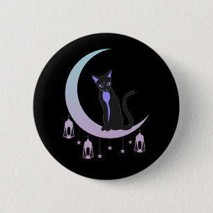 Wicca Crescent Moon Mystical Cat Pastel Goth Button