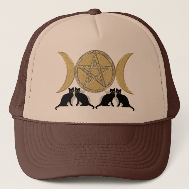 Wicca heidnische dreifache Göttinpentagram-Katzen Truckerkappe (Vorderseite)