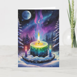 Wiccan Imbolc Regenbogenkerzen im Snowy Forest Feiertagskarte