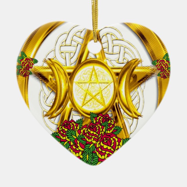 Wiccan Pagan Pentagramm Gold mit Rose Keramikornament (Vorne)