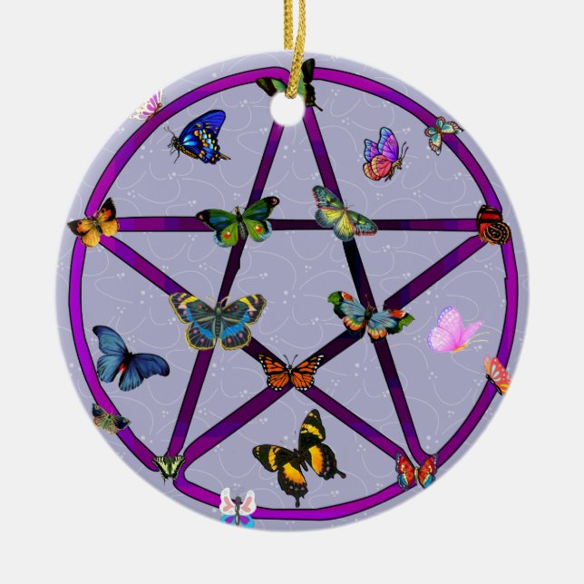 Wiccan Stern und Schmetterlinge Keramik Ornament (Vorne)