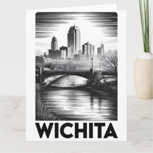 Wichita Kansas Skyline Schwarz Weiß Holzschnitt Karte