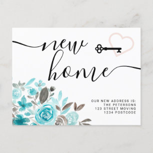 Wichtige aquamarine Blumenwasserfarbe Neue Zuhause Ankündigungspostkarte