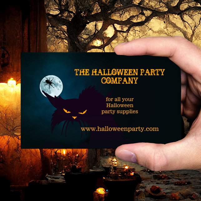 Wicked Cat Halloween-Party Business Card Visitenkarte (Halloween business card showing an angry black cat in the night with a spider on a full moon)