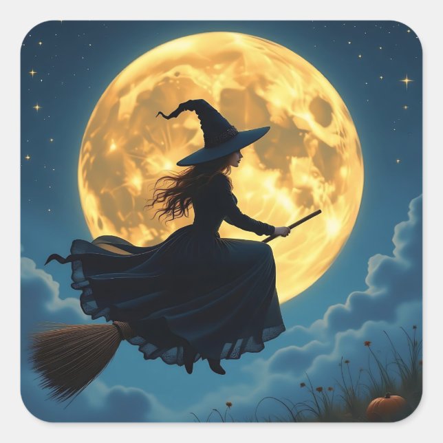 Wicked Halloween | Hexe auf Broom mit Vollmond Quadratischer Aufkleber (Vorderseite)