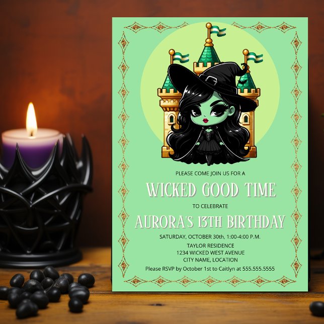Wicked Hexe Good Time Party Einladung (Adorable little green witch and castle party invitation front view.)