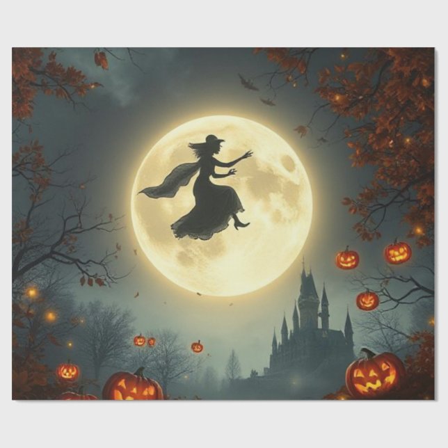 Wicked Mystical Witch Flying Over Full Moon 🌕 Geschenkpapier (Flach)