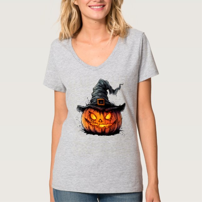 Wicked Pumpkin Witch Hat Halloween T-Shirt (Vorderseite)