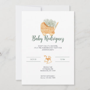 Wicker Carriage & Rocking Horse Baby - Sage Green Einladung