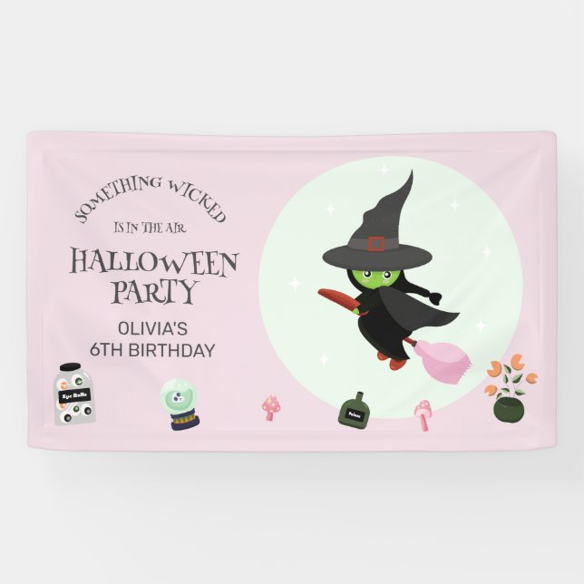 Wicklerisch Niedliche Grüne Hexe Halloween Geburts Banner (Horizontal)