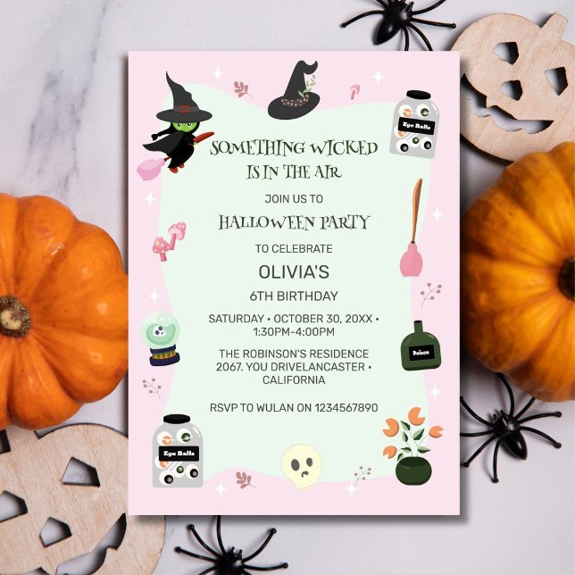 Wicklerisch Niedliche Grüne Hexe Halloween Geburts Einladung (Von Creator hochgeladen)