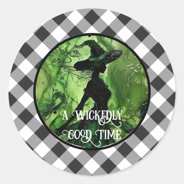 Wickly Good Hexe Black Gingham Kariert gestrichen Runder Aufkleber (Vorderseite)