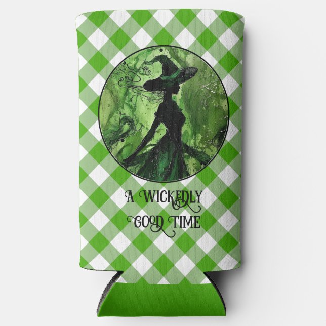 Wickly Good Hexe Green Gingham Kariert gestrichen Selters Dosenkühler (Vorderseite)