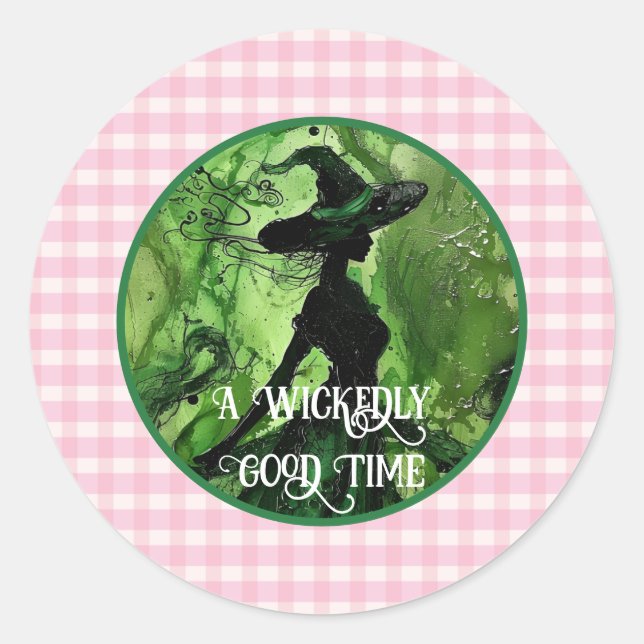 Wickly Good Witch Pink Gingham Kariert gestrichen Runder Aufkleber (Vorderseite)